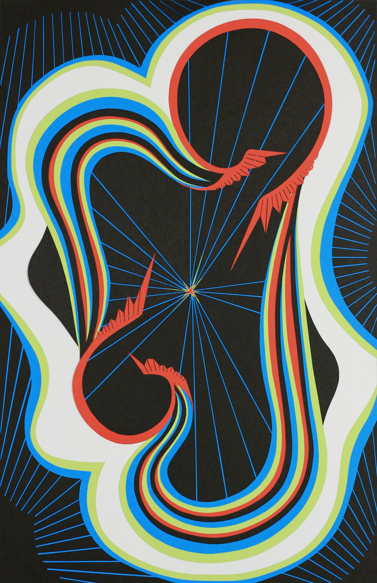 Abstract colorful design with curved lines and shapes on a dark background, resembling a stylized face or profile.