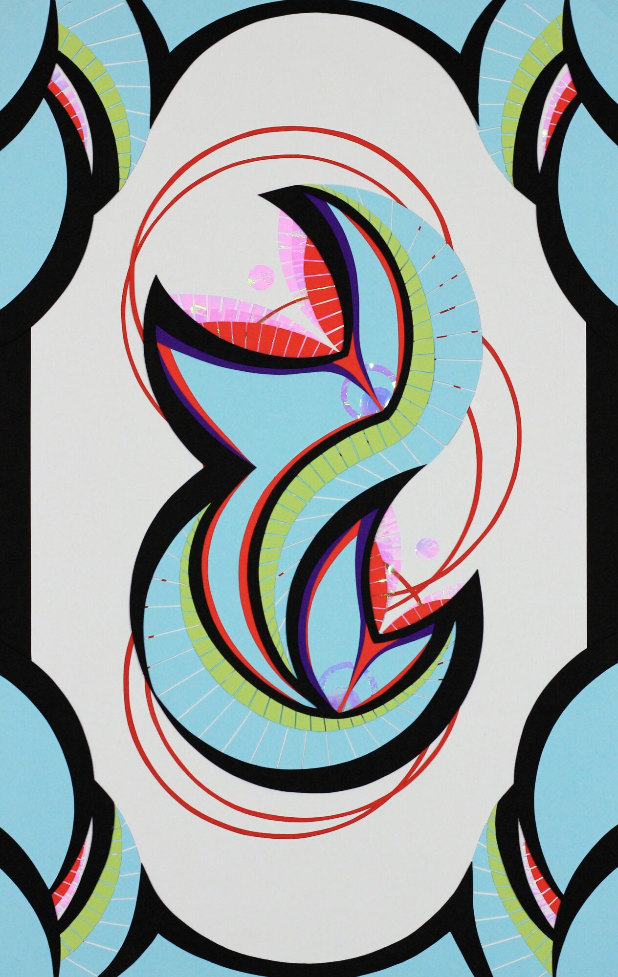 Colorful abstract design with curved lines and shapes, symmetrical pattern, and red circular accents, on a white background.