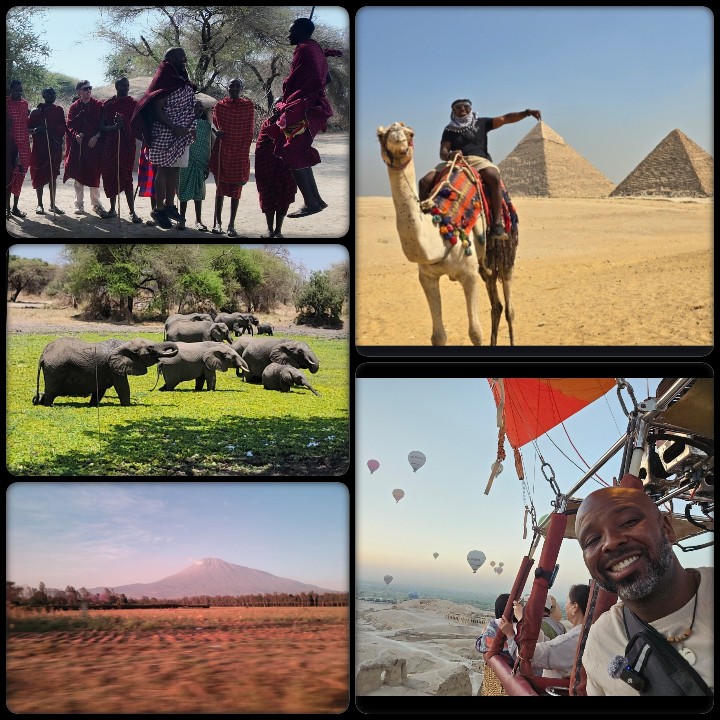 Group of people walking outdoors, person riding camel near pyramids, hippos in water, landscape with mountain, person smiling in hot air balloon basket