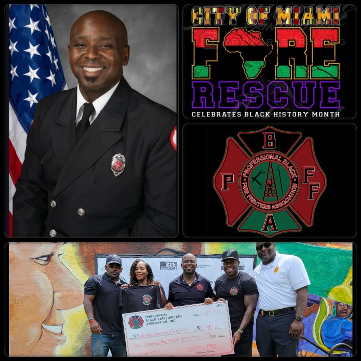 Portrait of a smiling firefighter in uniform with an American flag, group holding a large check, and colorful murals in background.
