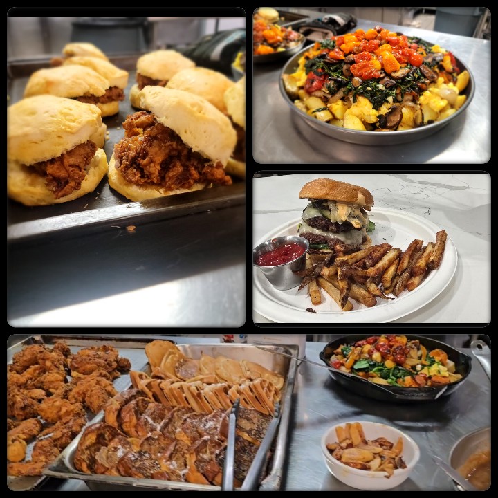 Assorted dishes including fried chicken, a vegetable dish, a burger with fries, and a mixed vegetable salad.