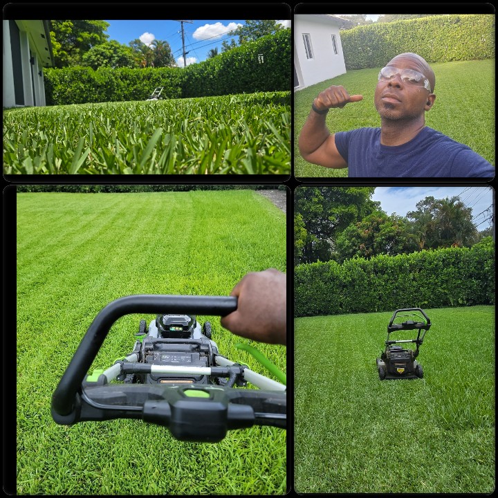 Four images of a person mowing a lawn with a riding mower, lush green grass, and a hedge in the background.