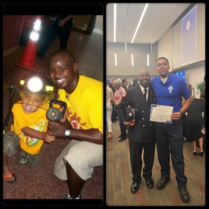 Two photos: one of a man and child smiling, the other of two men in formal attire holding a certificate, in an indoor setting.