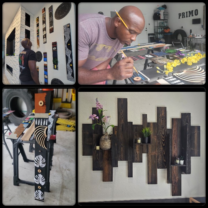 People viewing art displays, artist painting, woodworking, and wall decor with plants and wooden panels.