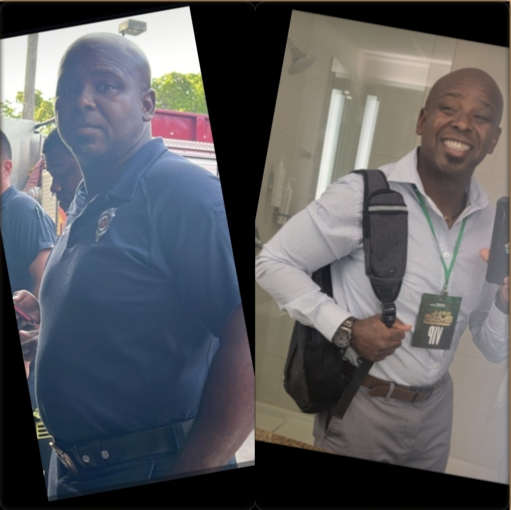 Two men, one in a dark polo shirt outdoors, the other in a light shirt indoors with a backpack, smiling.