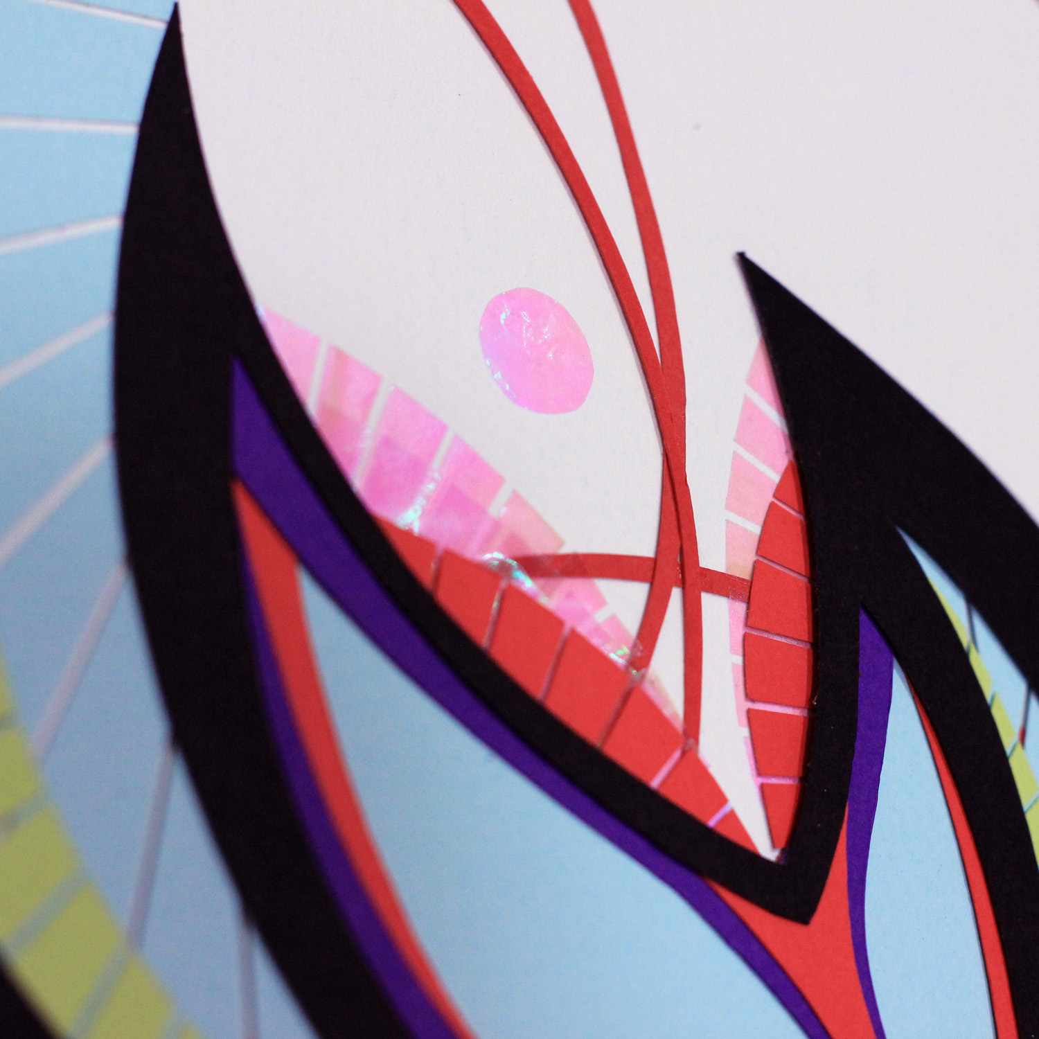 Close-up of a colorful, abstract mural with curved lines and geometric shapes, including pink, purple, black, and red elements.