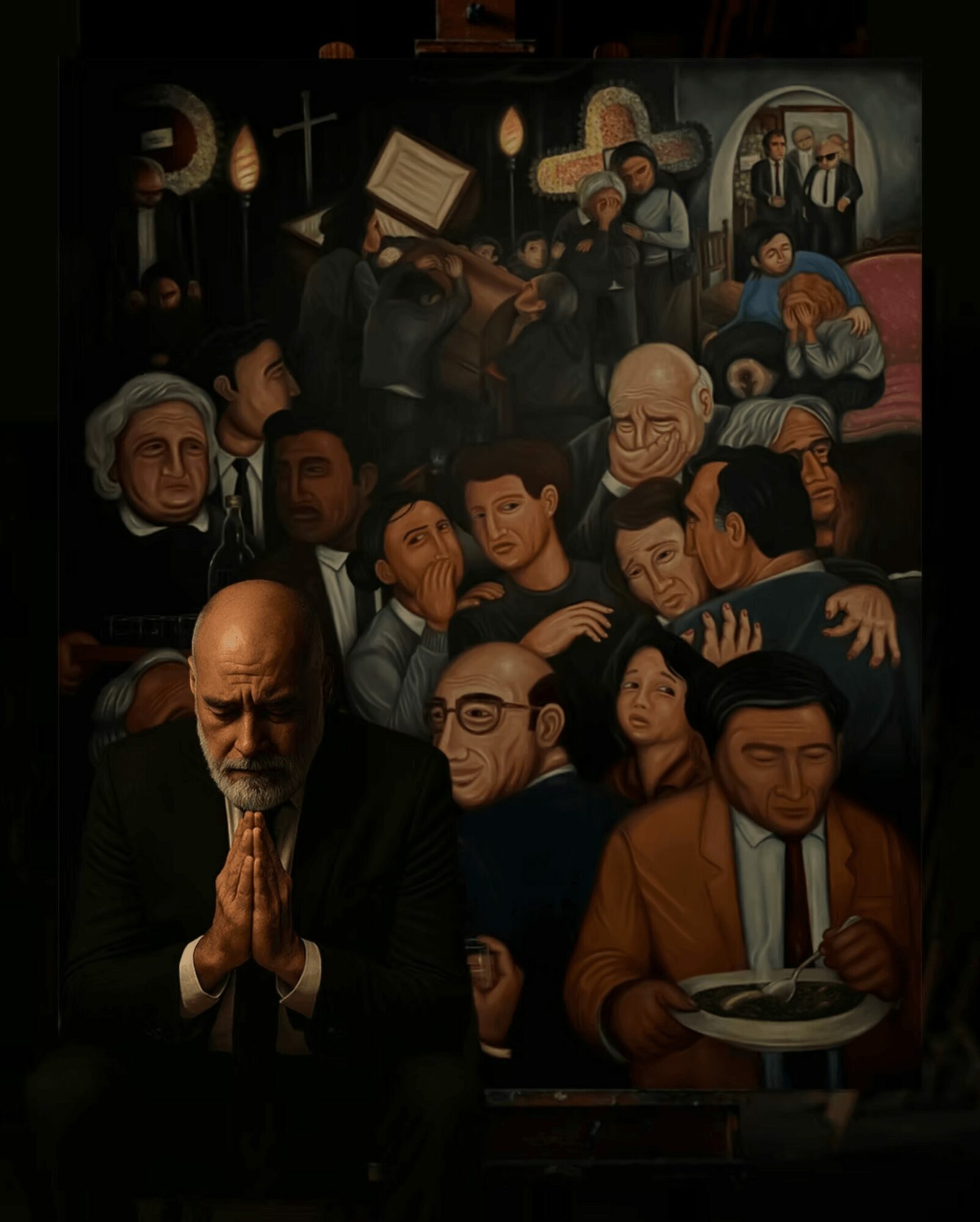 Group of people gathered indoors with a mural in the background, some with hands clasped, others eating or talking.