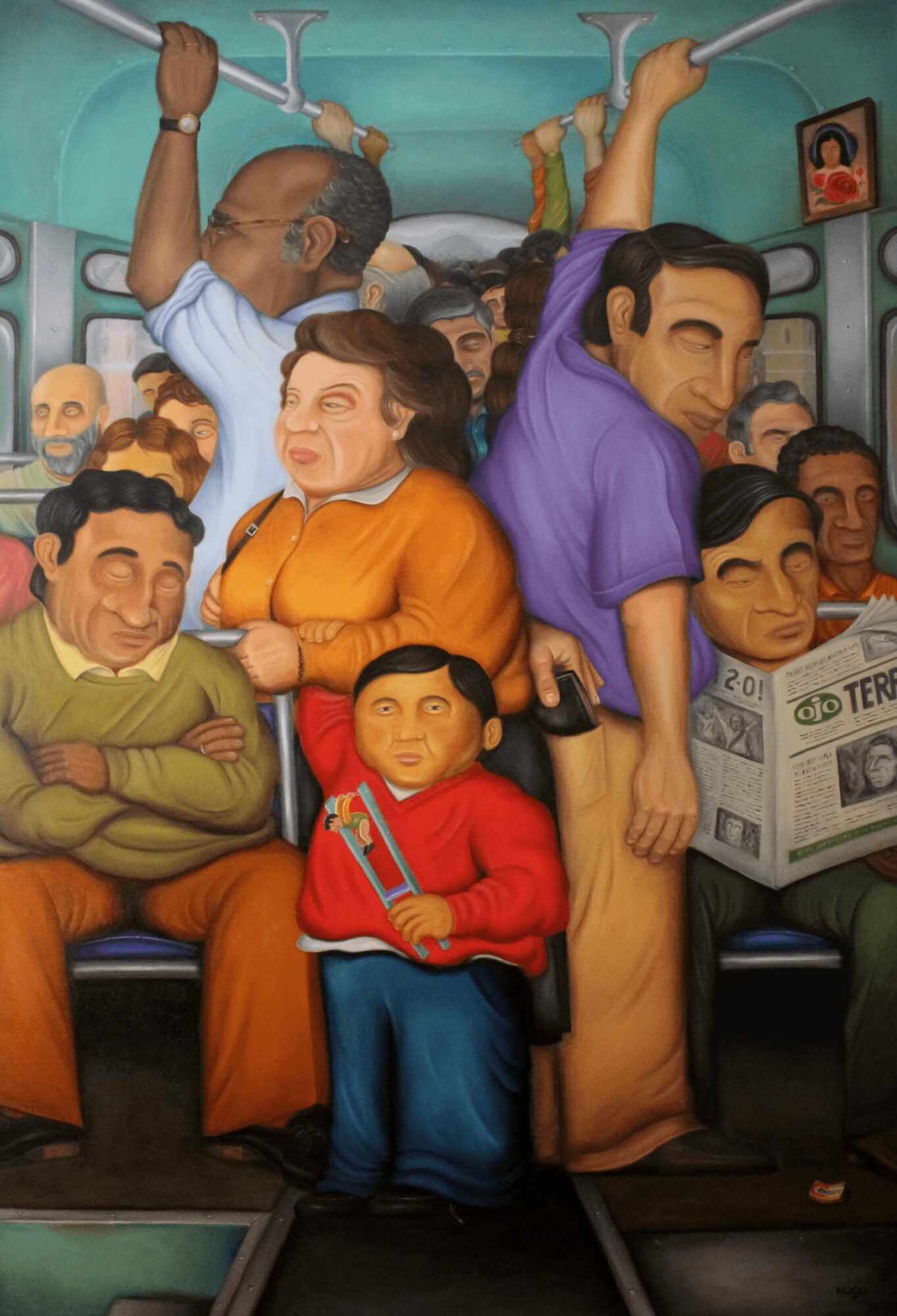 People standing and sitting on a crowded bus, some holding onto handrails, with a woman in orange and a boy in red in front.