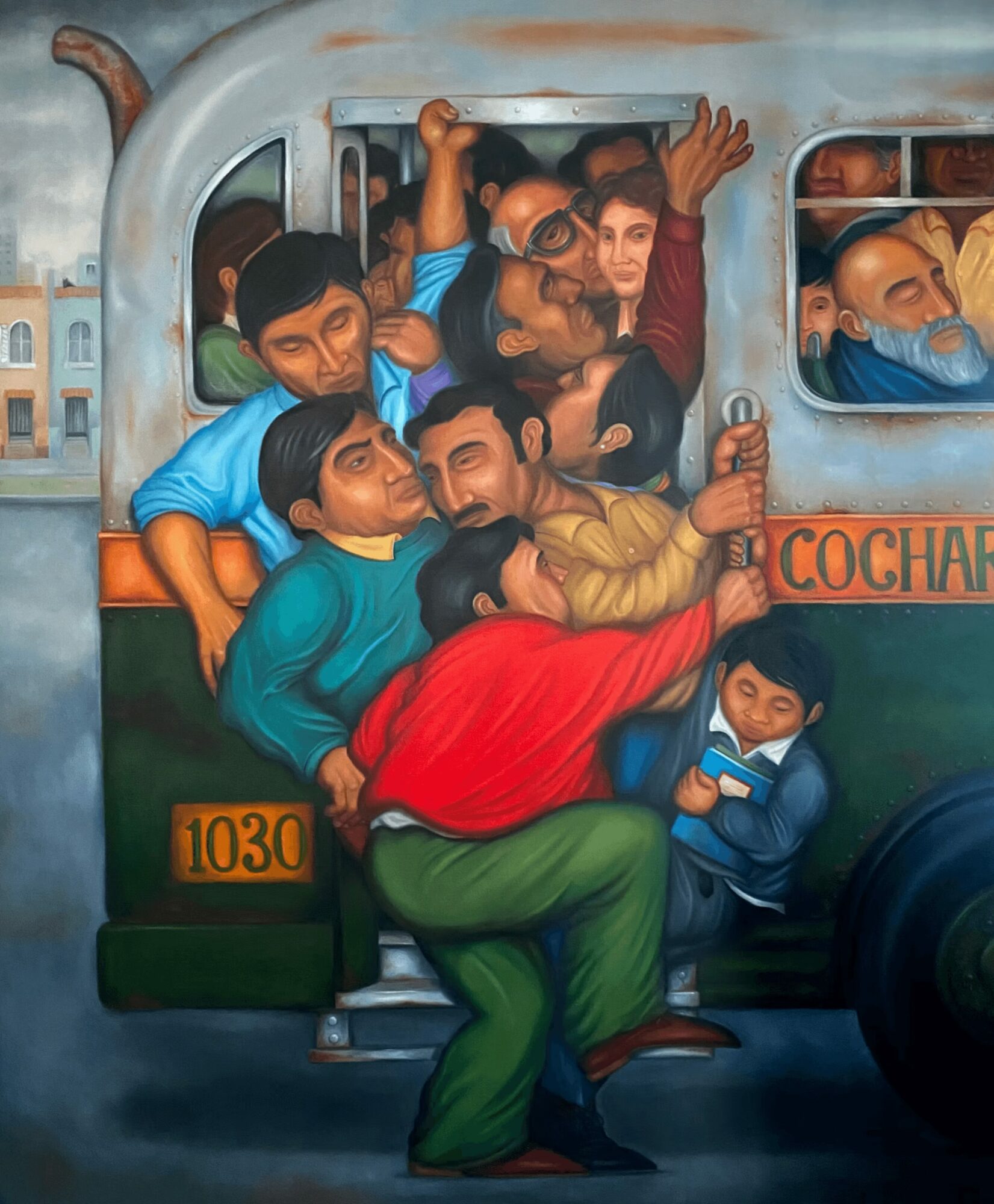 Group of people crowded on and around a bus, some looking out the window, others climbing in or sitting, with vibrant colors.
