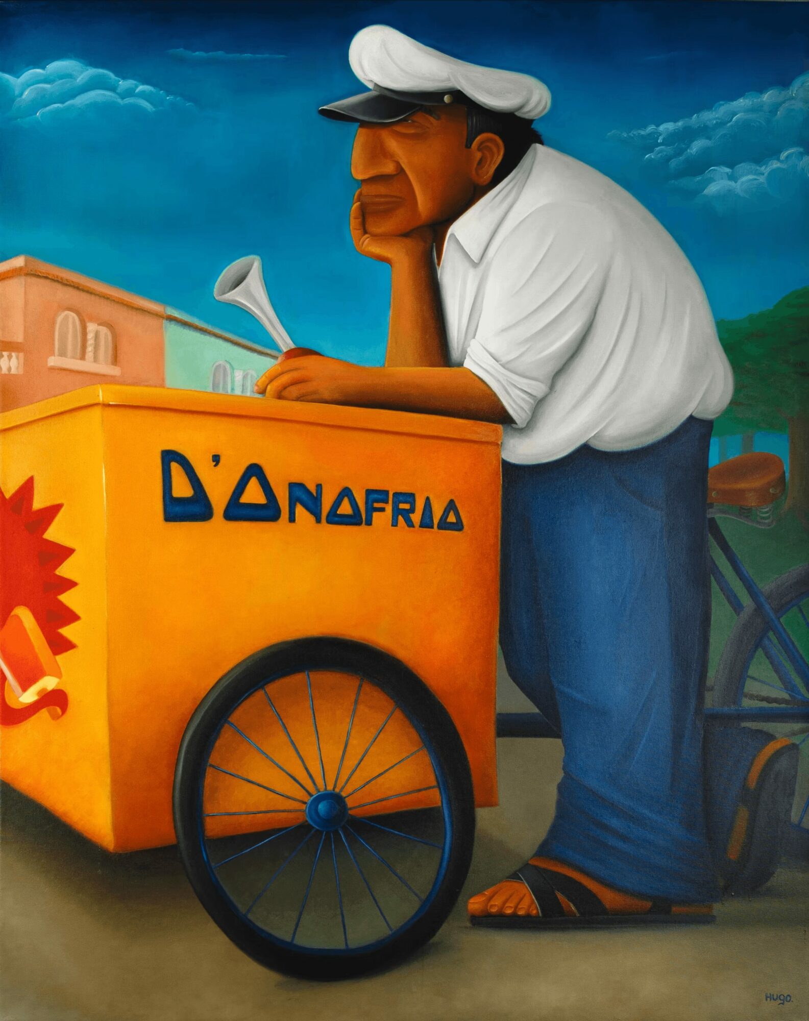 Cartoon man with white cap and shirt leaning on a yellow cart with blue text, standing outdoors with a bicycle nearby.