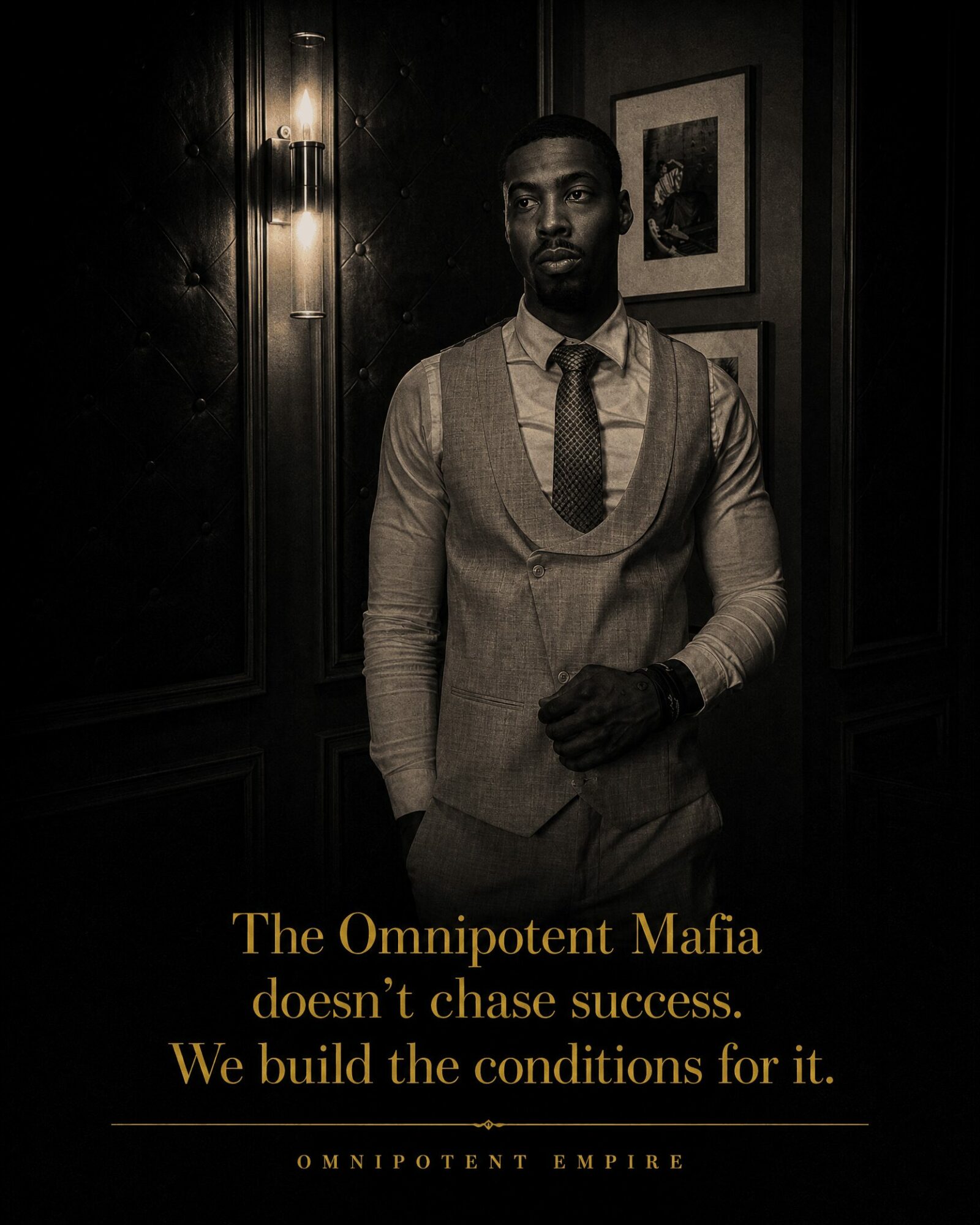 A man in a suit stands in a dimly lit room with framed pictures on the wall, with text about the Mafia's success.
