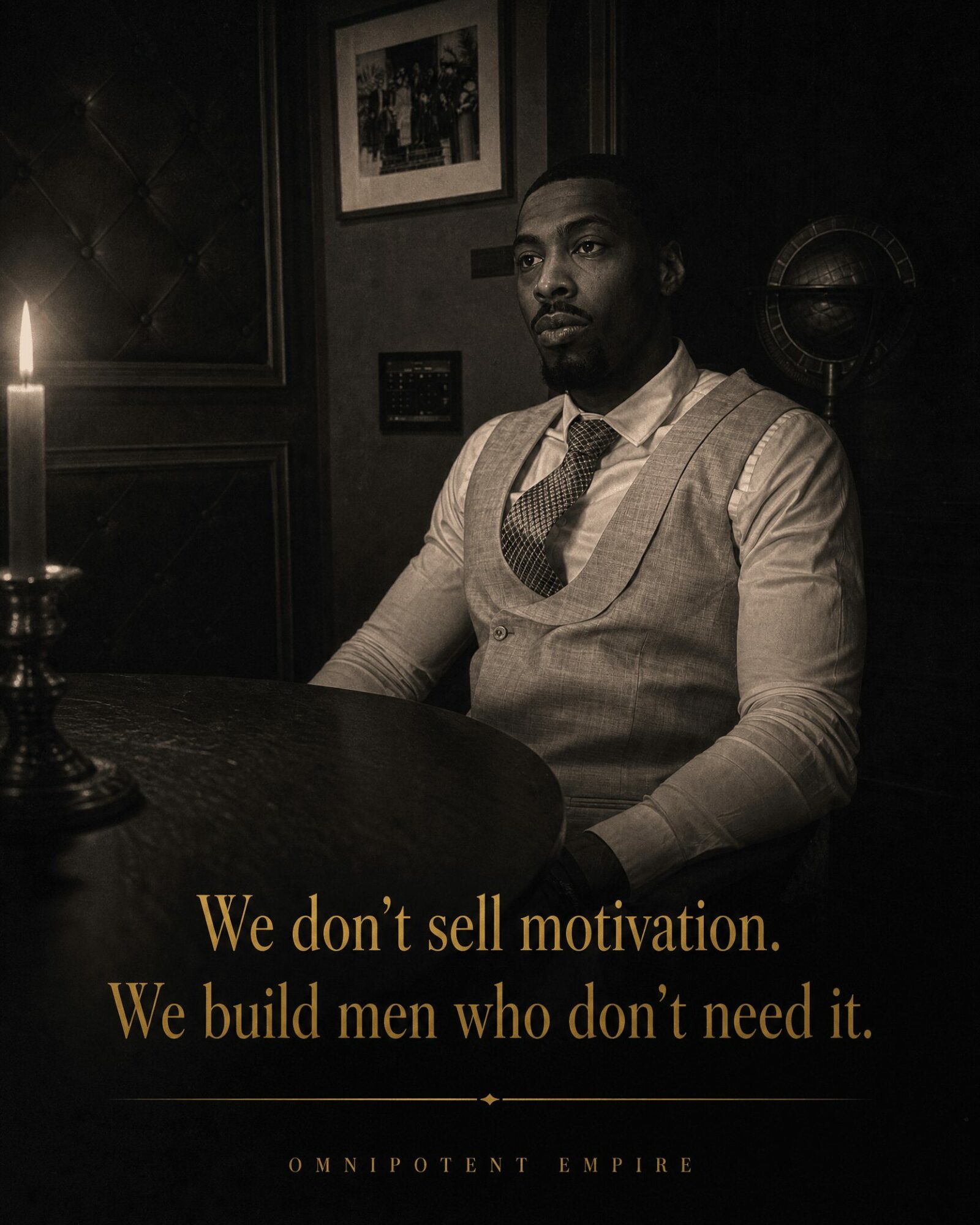 Man sitting at a table with a candle, wearing a vest and tie, in a dimly lit room, serious expression.