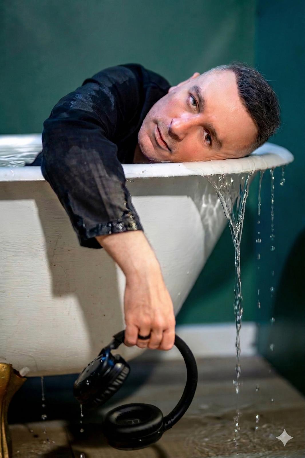 Person resting their head on a bathtub edge, holding a showerhead, with water dripping from the tub.