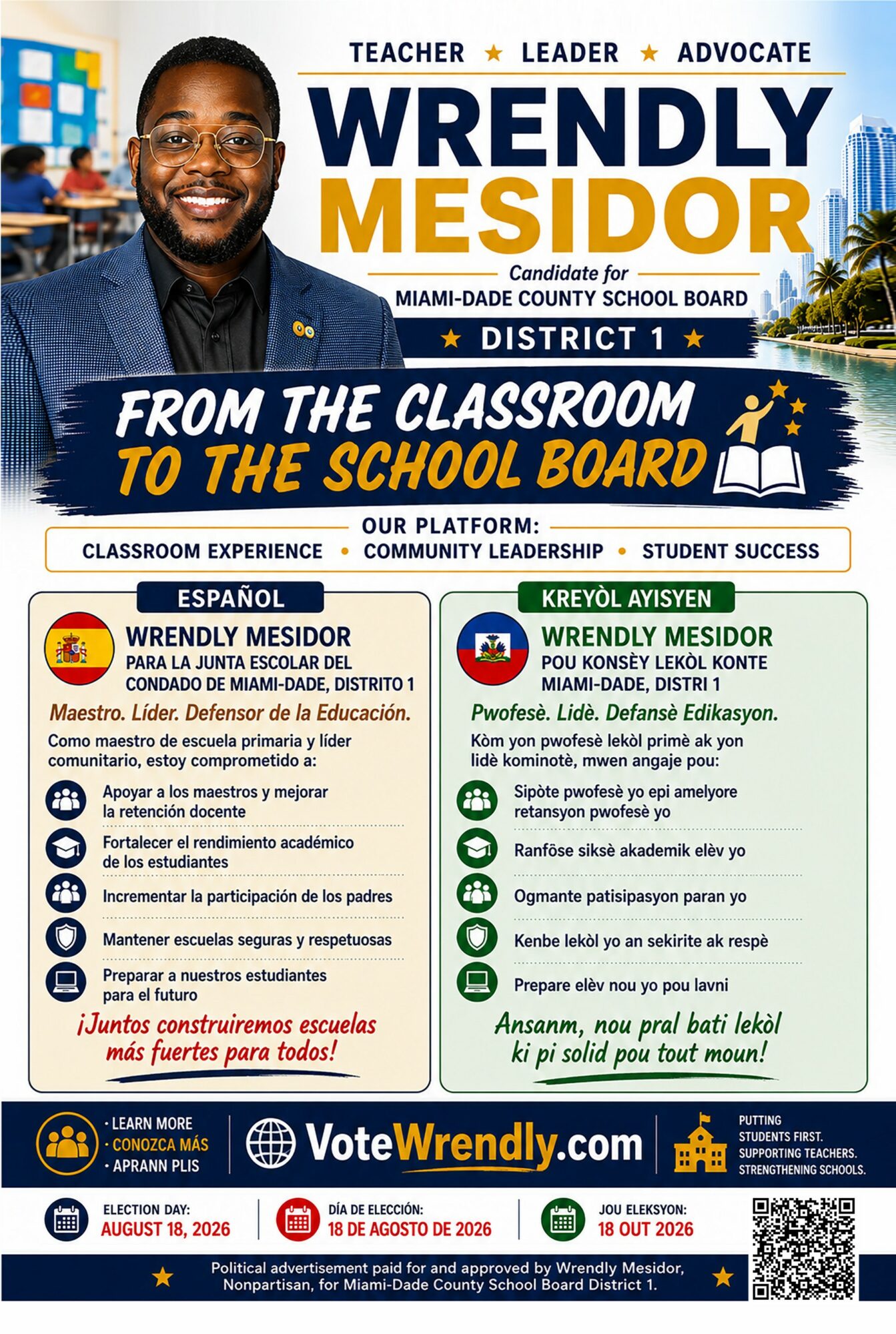 Campaign poster for Wendly Mesidor, candidate for Miami-Dade County School Board, with a smiling man, text about education platform, and voting information.