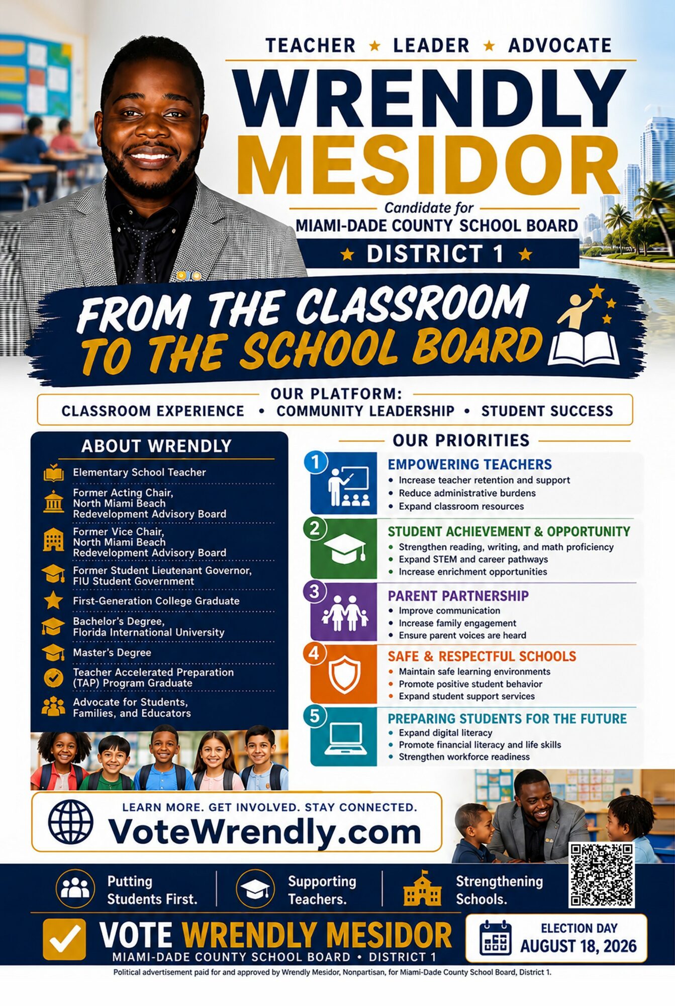 Campaign poster for Wendly Mesidor, candidate for Miami-Dade County School Board District 1, with a smiling person, text, and logos.