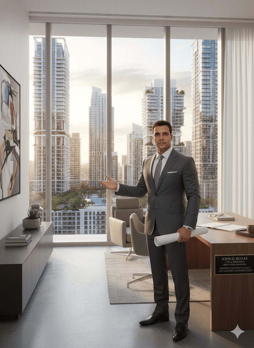 Man in suit standing in office with large window view of city skyscrapers, holding rolled paper, gesturing with hand.