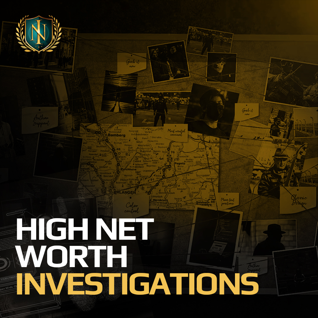 A collage of photos and a map with the text 'High Net Worth Investigations' in bold white and yellow letters.