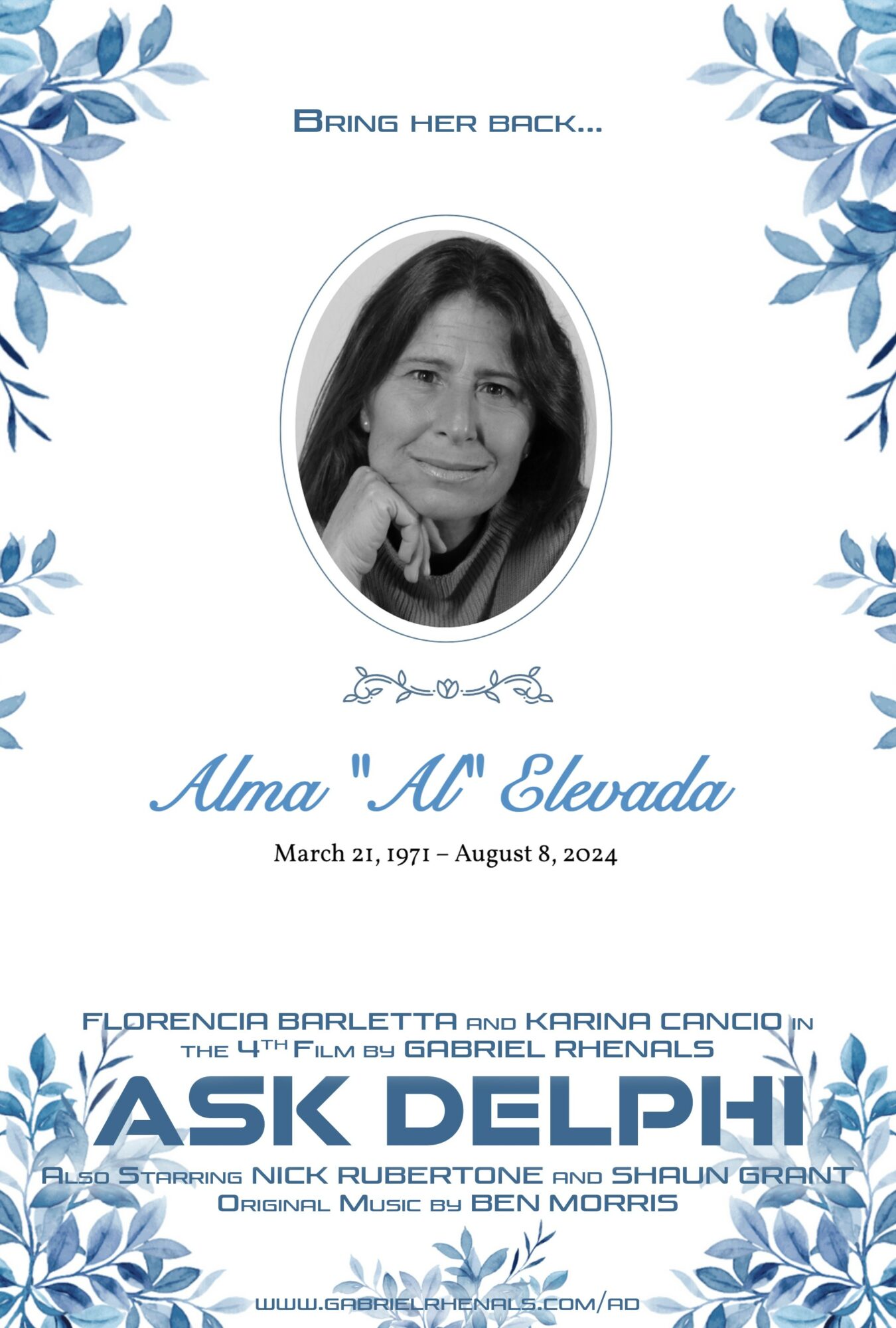 Memorial card with a woman's photo, floral border, and text honoring Alma 'Al' Elveda, with dates and names of family and friends.
