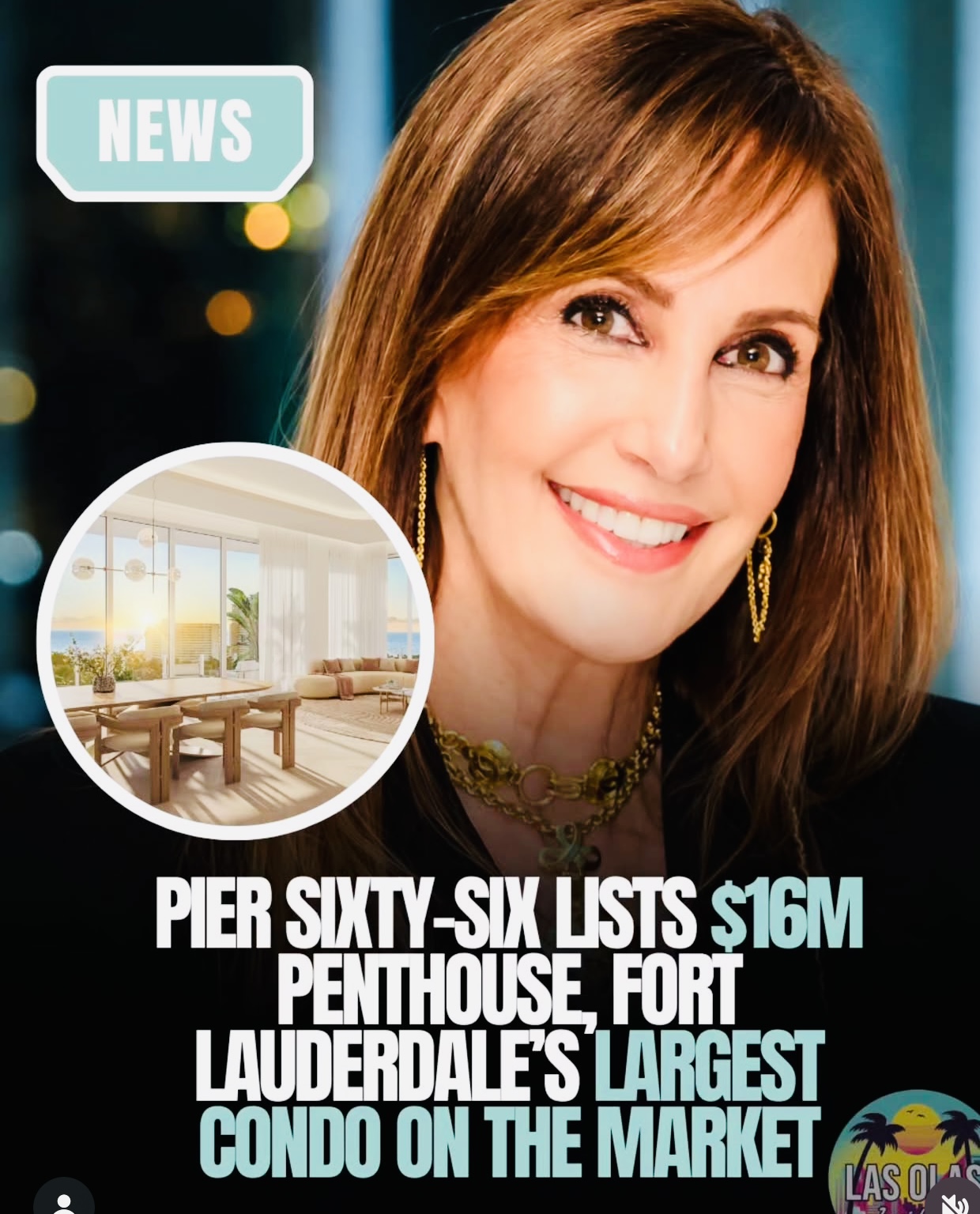 Smiling woman with shoulder-length hair, wearing earrings, in a news graphic with a circular inset of a penthouse view.