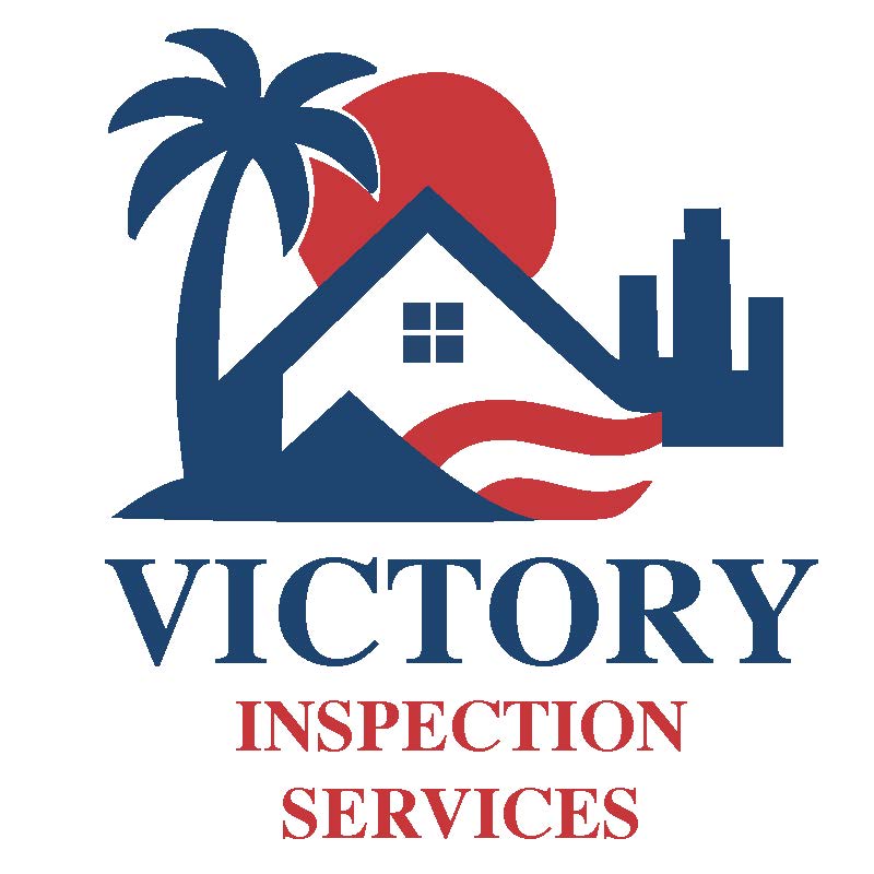 Logo with a house, palm tree, sun, and factory, with text 'VICTORY INSPECTION SERVICES'.