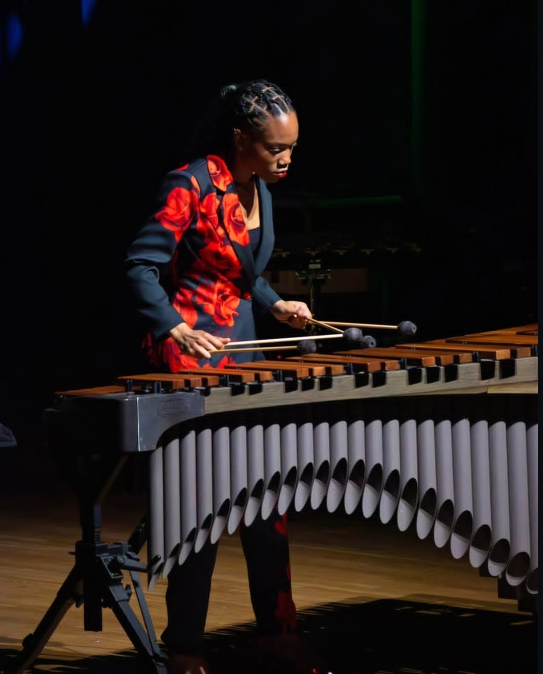 Person playing a marimba on stage, wearing a red and black jacket, with dark background and stage lighting.