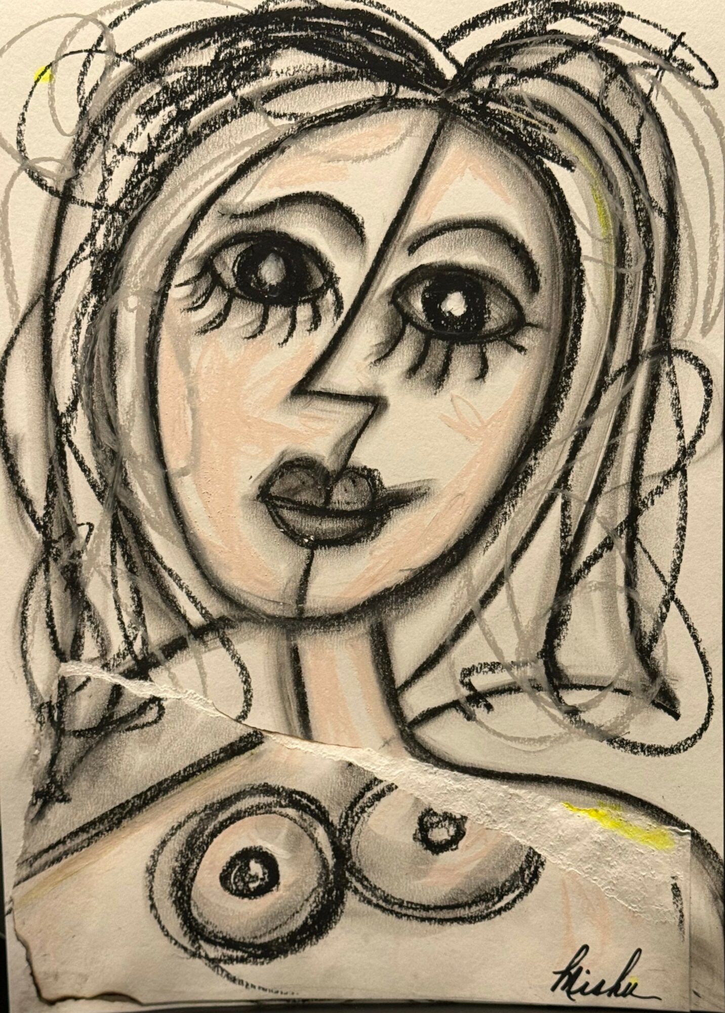 Sketch of a woman's face with large eyes, lips, and long hair, with visible breasts, signed in the bottom right corner.