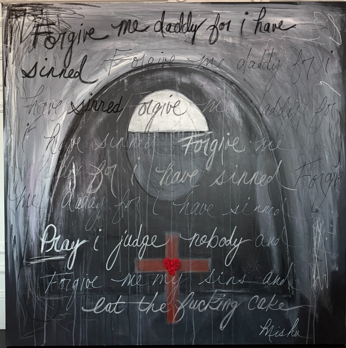 Chalkboard with handwritten text, a black arch, a red cross, and a white circle, with scribbles and smudges.