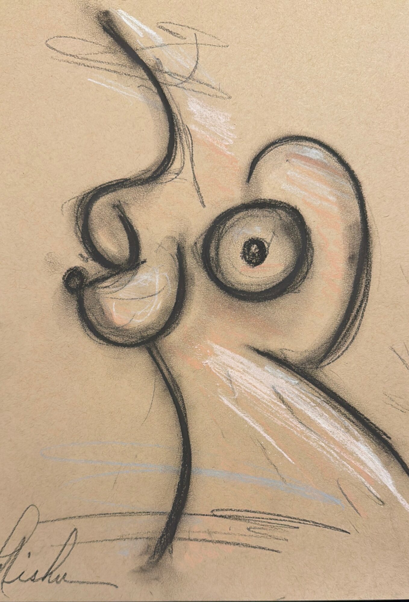 Abstract sketch of a female figure with prominent breasts and curving lines, on beige background.