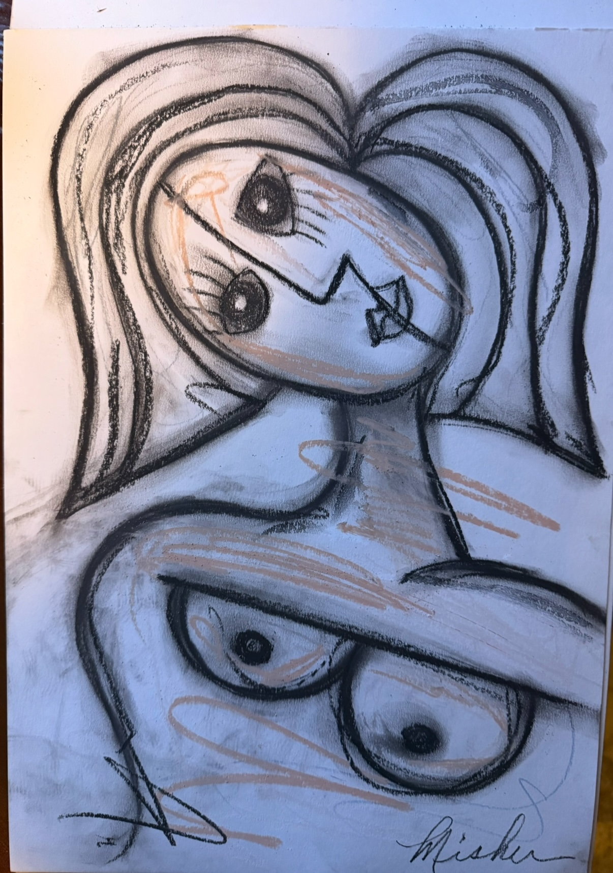 Sketch of a stylized female figure with large eyes, flowing hair, and exposed breasts, drawn with bold lines.
