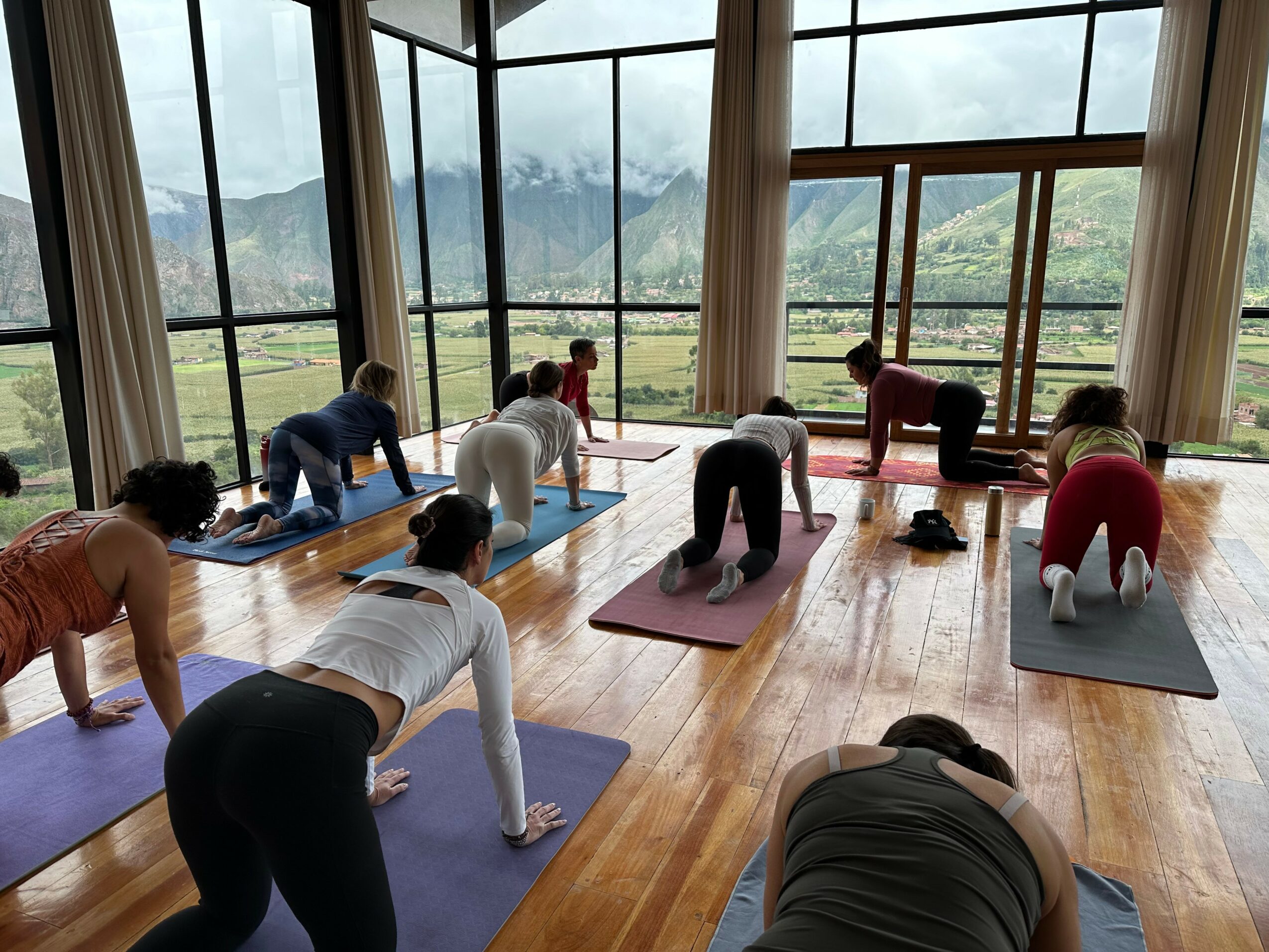 People practicing yoga in a bright room with large windows and scenic mountain views, on colorful mats, in various poses.