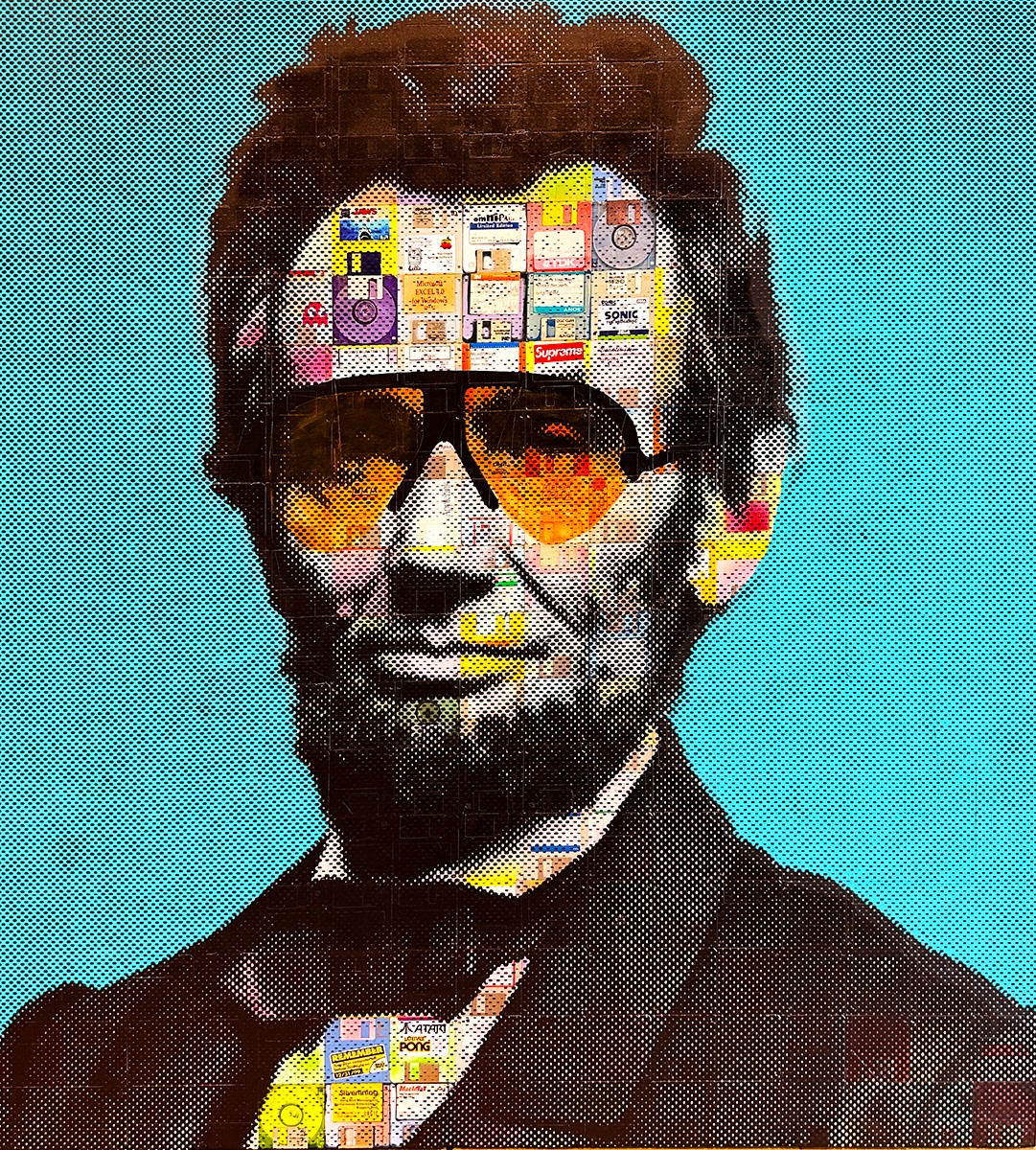Portrait of a man with sunglasses, wearing a suit and bow tie, with a colorful mosaic pattern on his face and hair.