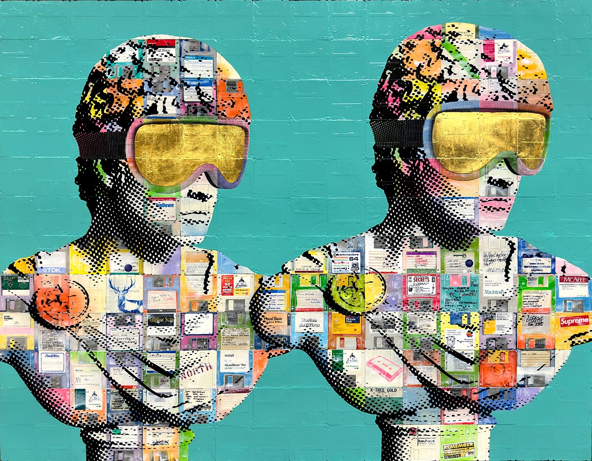 Two pixelated figures with yellow goggles and colorful clothing stand against a teal background.