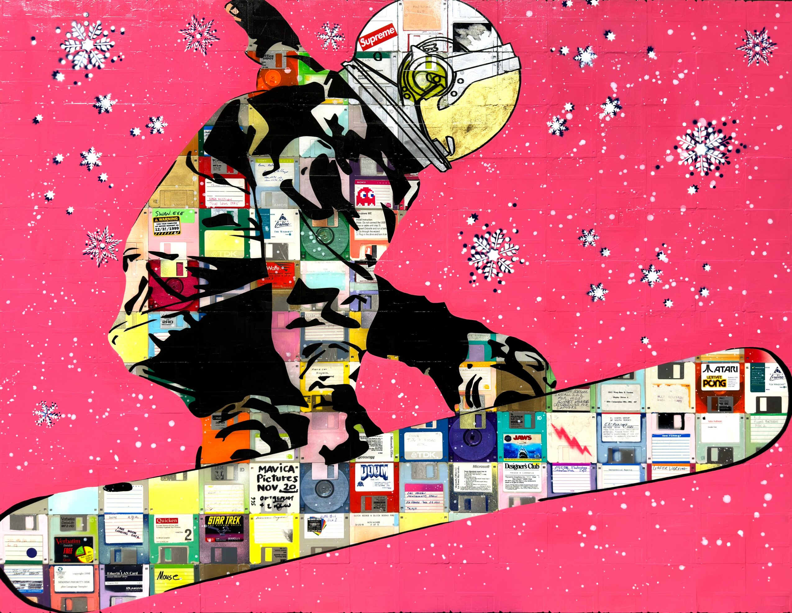 Silhouette of a person sitting on a branch, filled with colorful magazine pages, against a pink background with snowflakes.