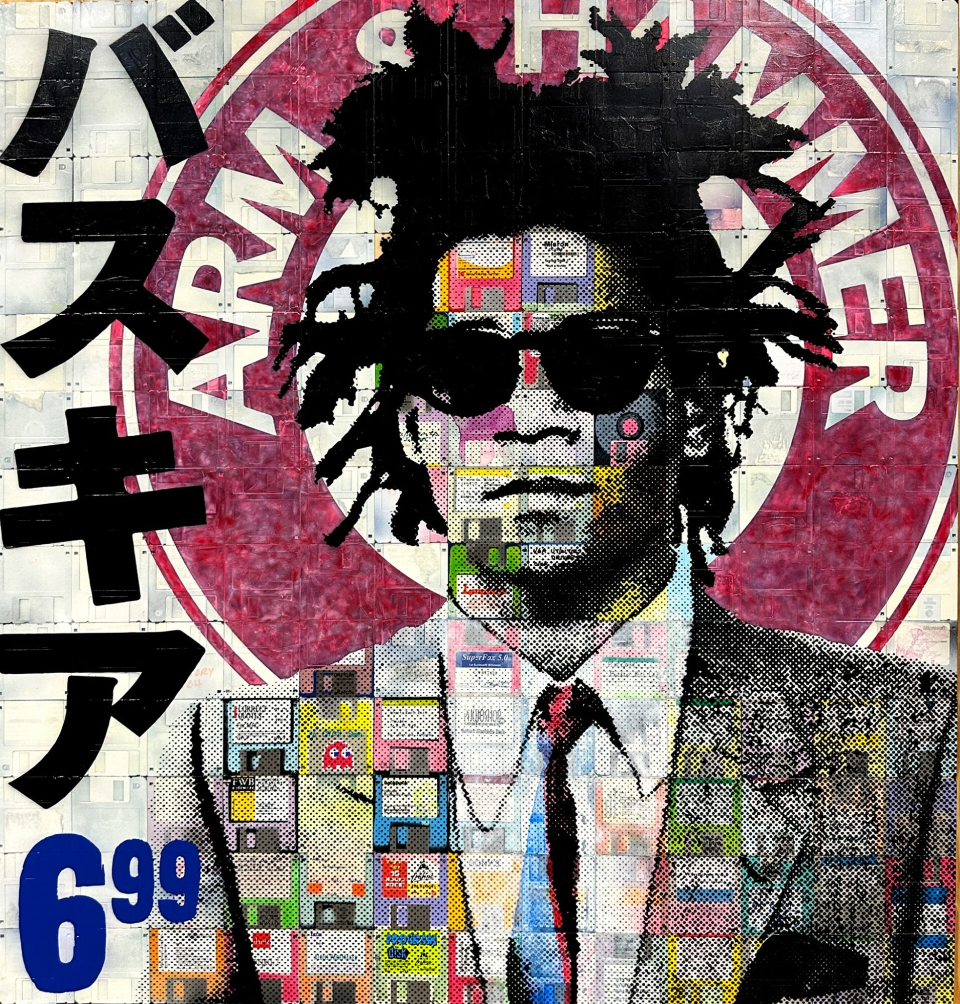 Portrait of a person with sunglasses and dreadlocks, surrounded by Japanese characters and a pink circular background.