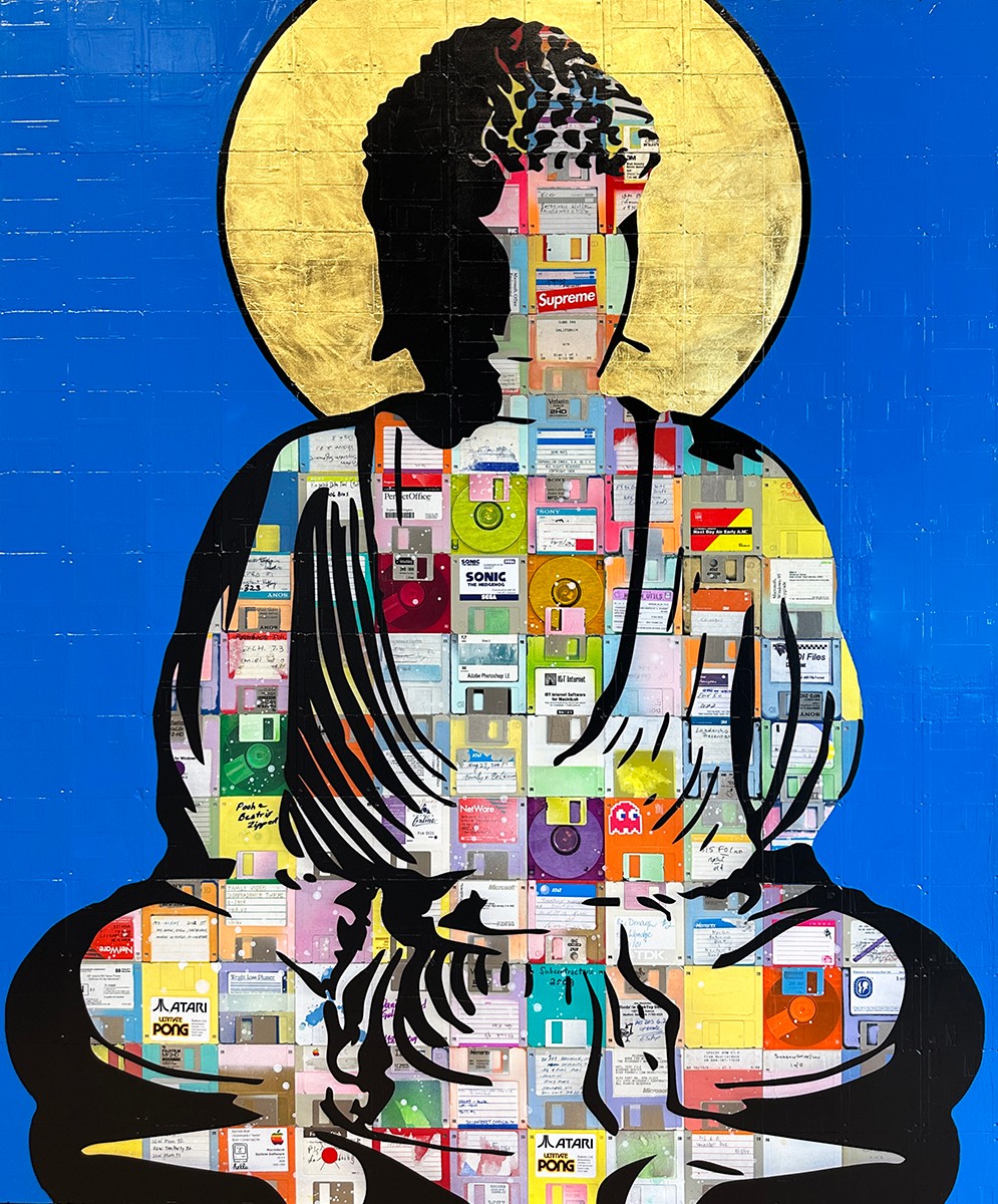 Silhouette of a person sitting cross-legged, filled with colorful book covers, against a blue background with a yellow circle.