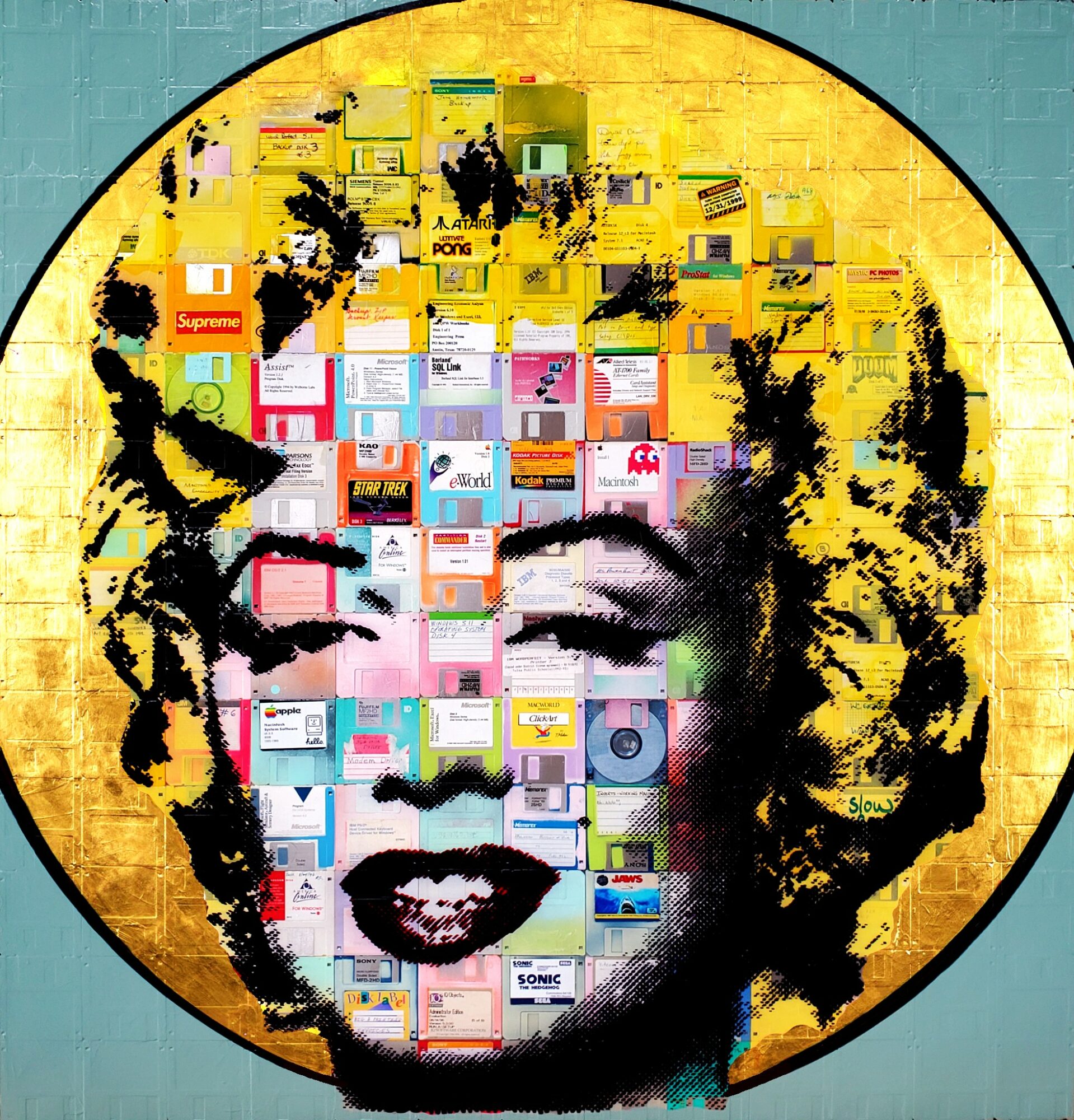 Portrait of a woman with closed eyes and a smile, created with colorful small images inside a circular frame.