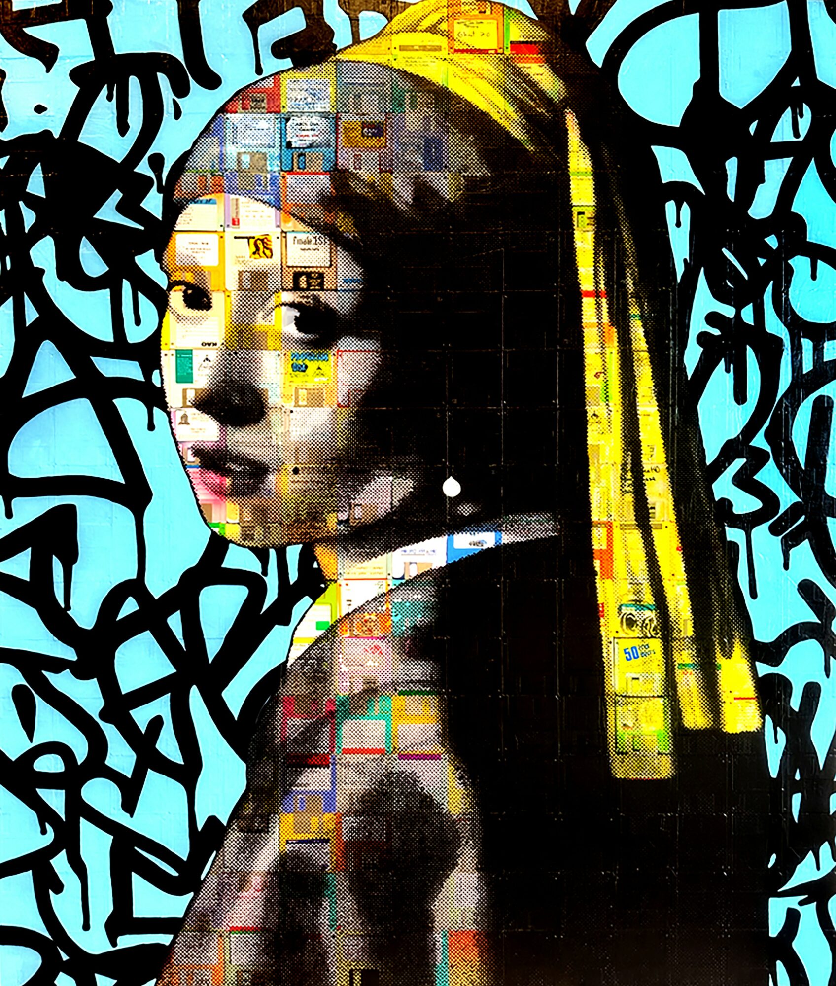Portrait of a woman with long yellow hair, composed of small colorful images, surrounded by black abstract lines.