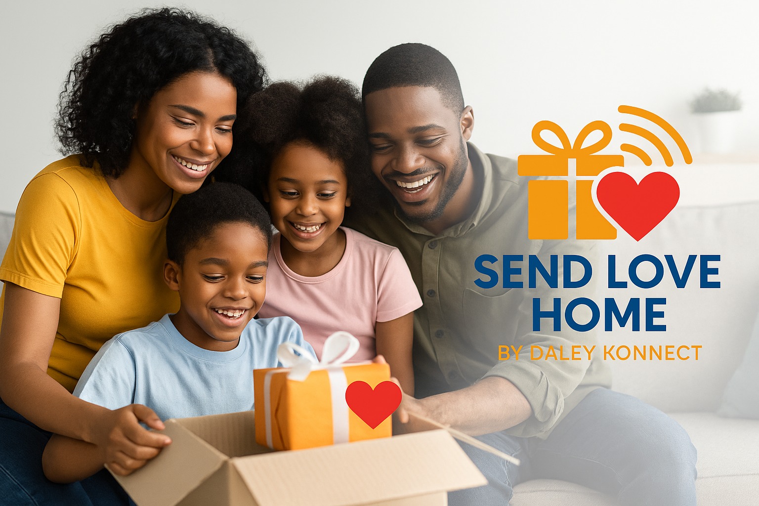 Family of four opening a box with a gift and a heart symbol, smiling happily, in a bright room.