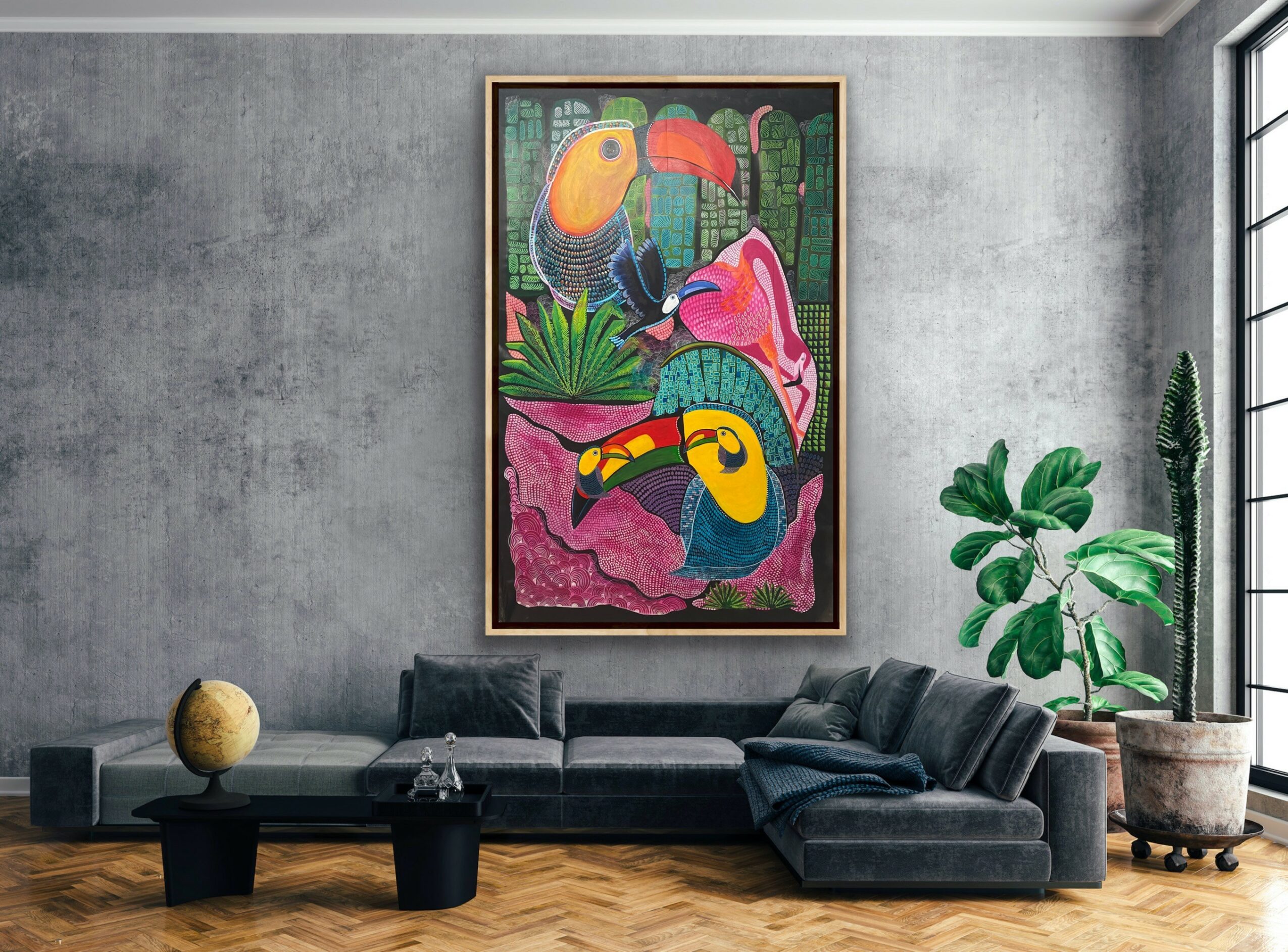 Living room with a large colorful toucan painting on a gray wall, black sofa, green plant, and window, modern decor.