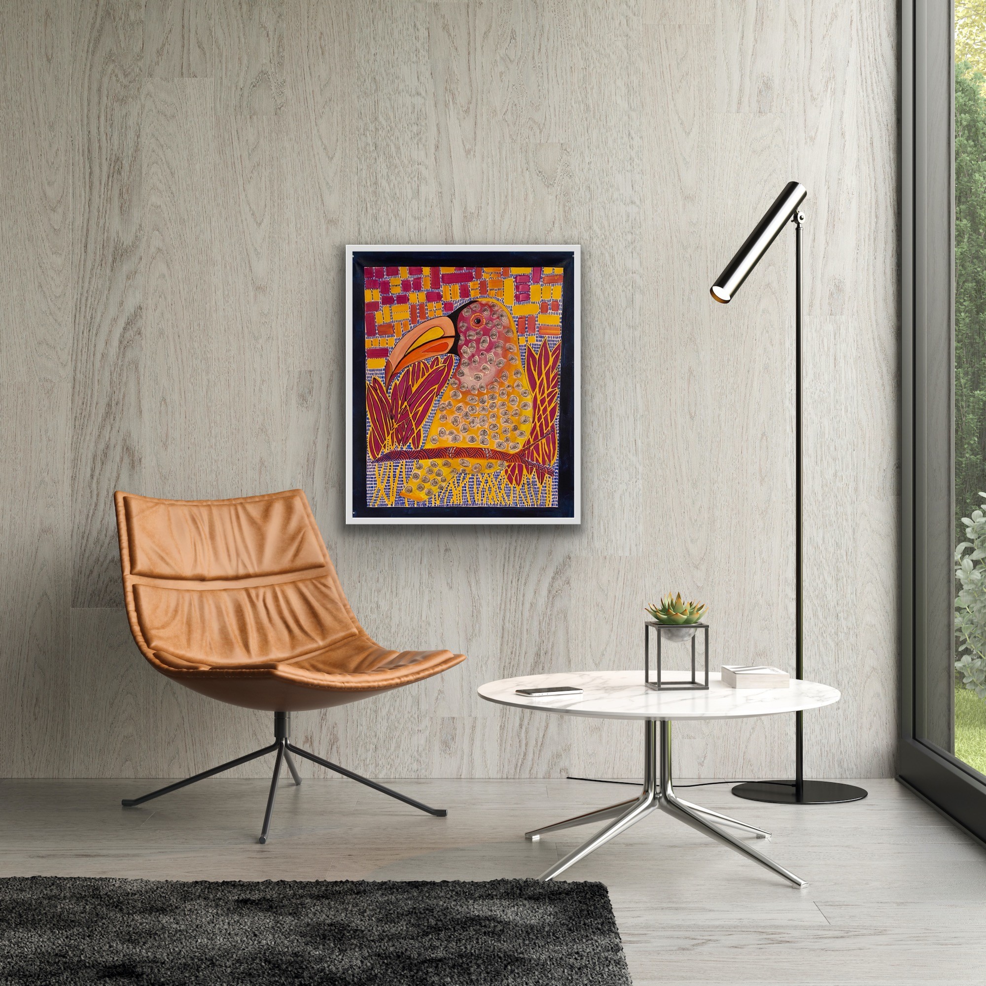 Interior room with a tan chair, a white round table with a small plant, a colorful framed artwork, and a floor lamp.