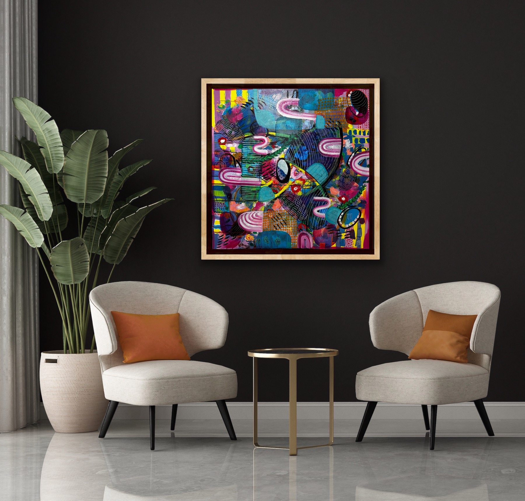Two white armchairs with orange pillows face each other with a small round table between them, a colorful abstract painting on a black wall, and a large potted plant. Alt text word count: 37. Confidence: 0.9