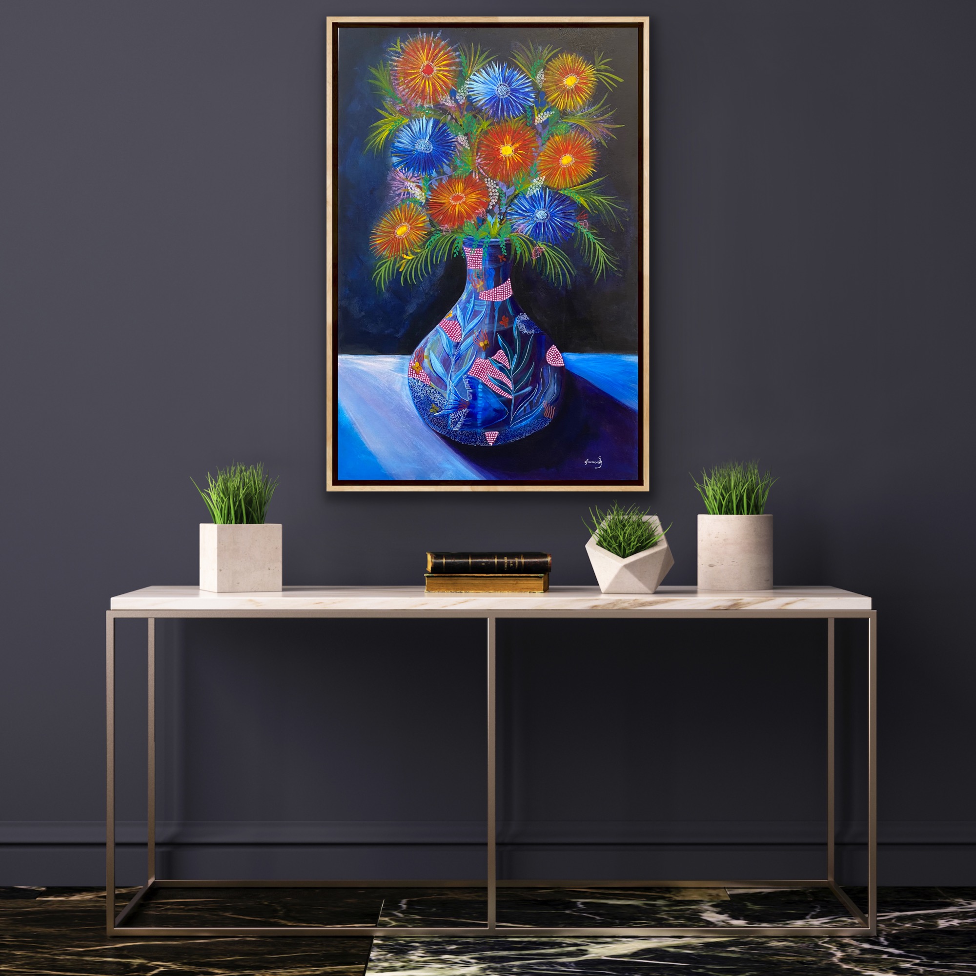 Painting of a colorful flower bouquet in a vase on a dark background, hanging above a white console table with plants.