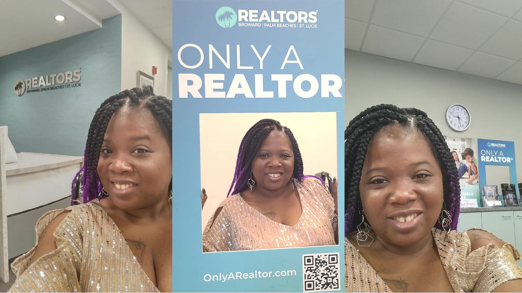 Three women smiling, one in front of a Realtor sign, in an office setting with a clock and posters, smiling faces.