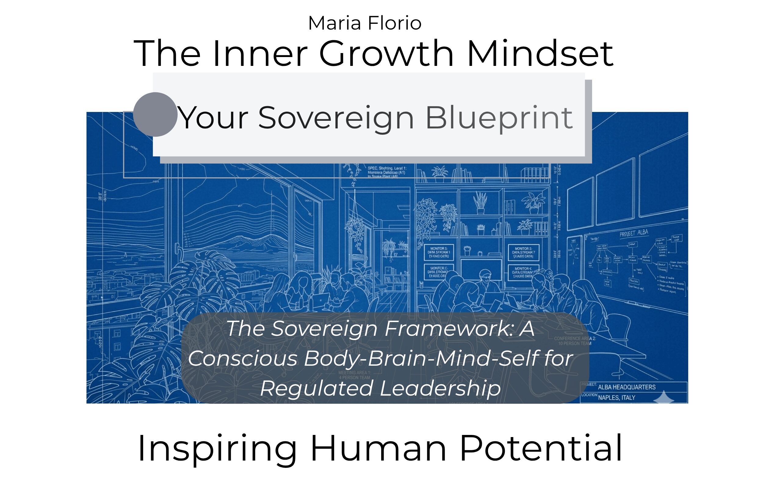 Book cover titled 'The Inner Growth Mindset' by Maria Florio, with subtitle about sovereign framework, and a blue background with diagrams.