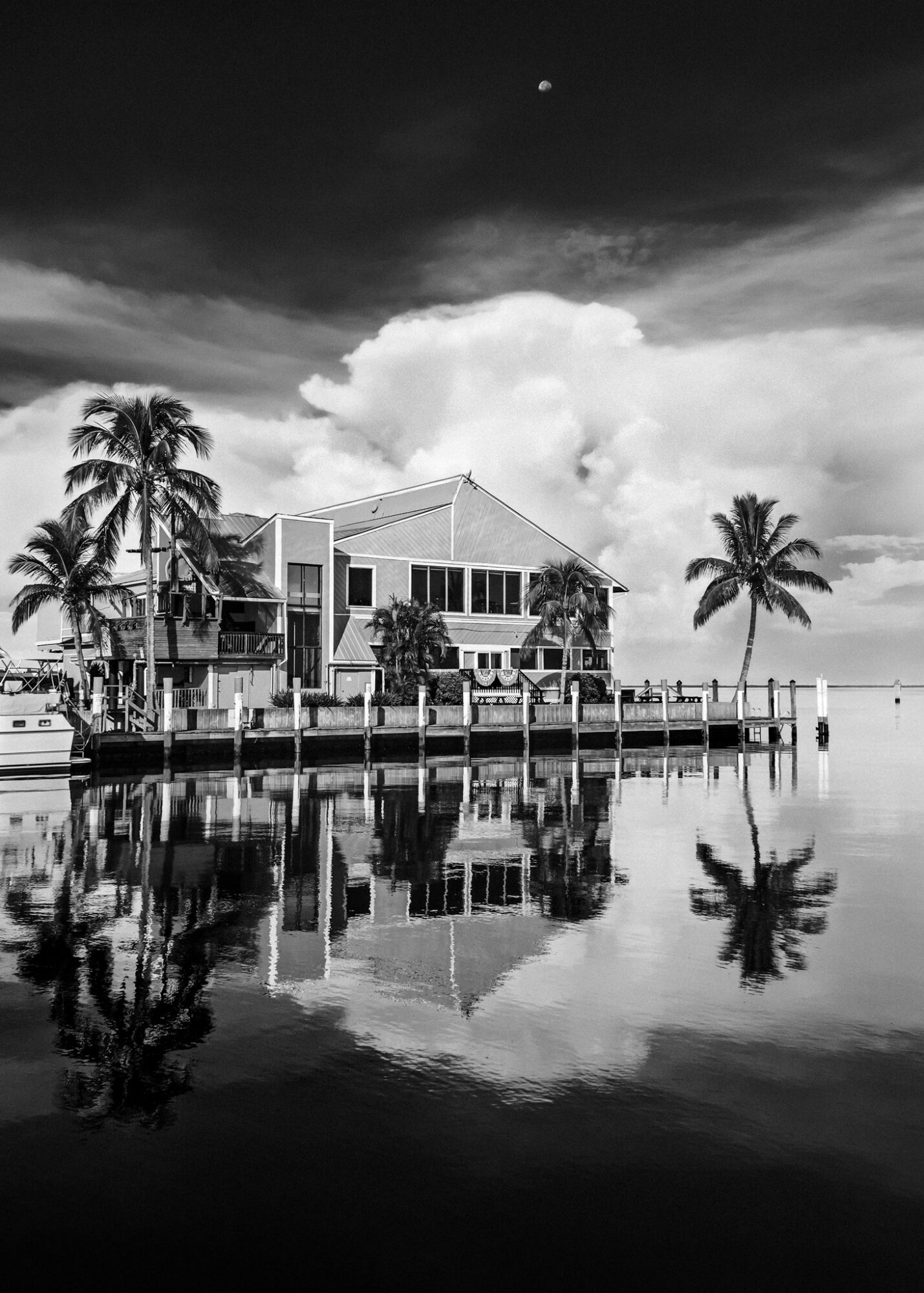 Building by water with palm trees, reflected in the water, under a cloudy sky, in black and white.