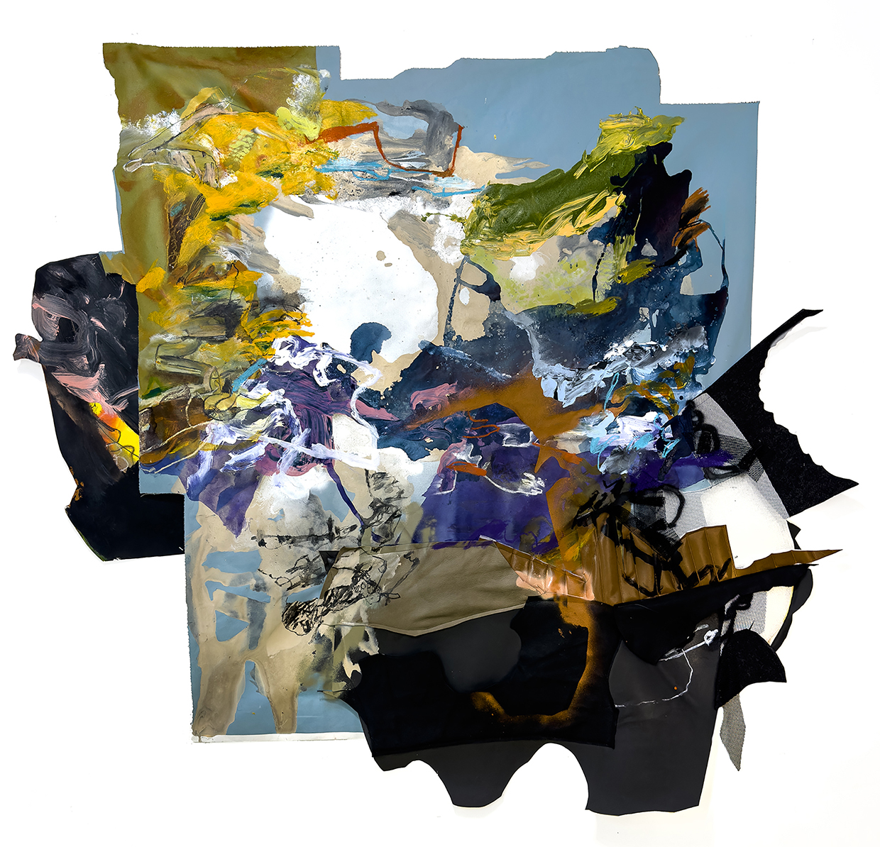 Abstract colorful collage with various shapes and textures, including blue, yellow, black, and white elements.