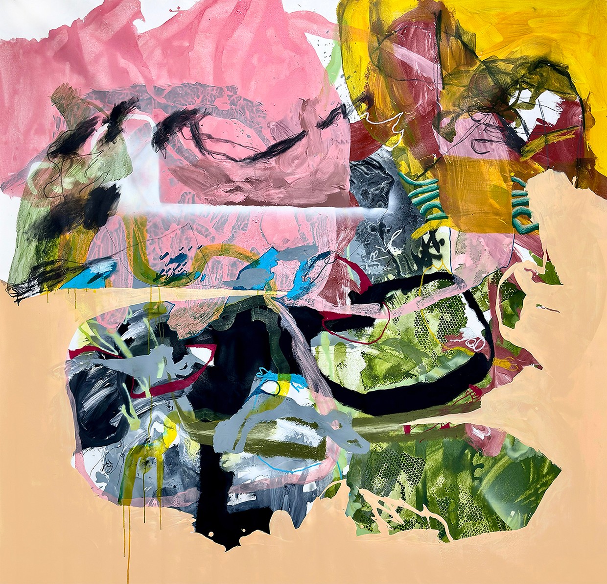Abstract colorful painting with pink, yellow, black, and green shapes and brushstrokes.