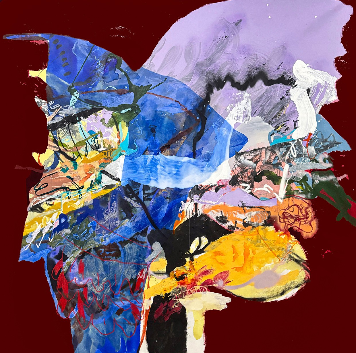 Abstract colorful shapes on a dark red background, resembling a butterfly or bird with wings.