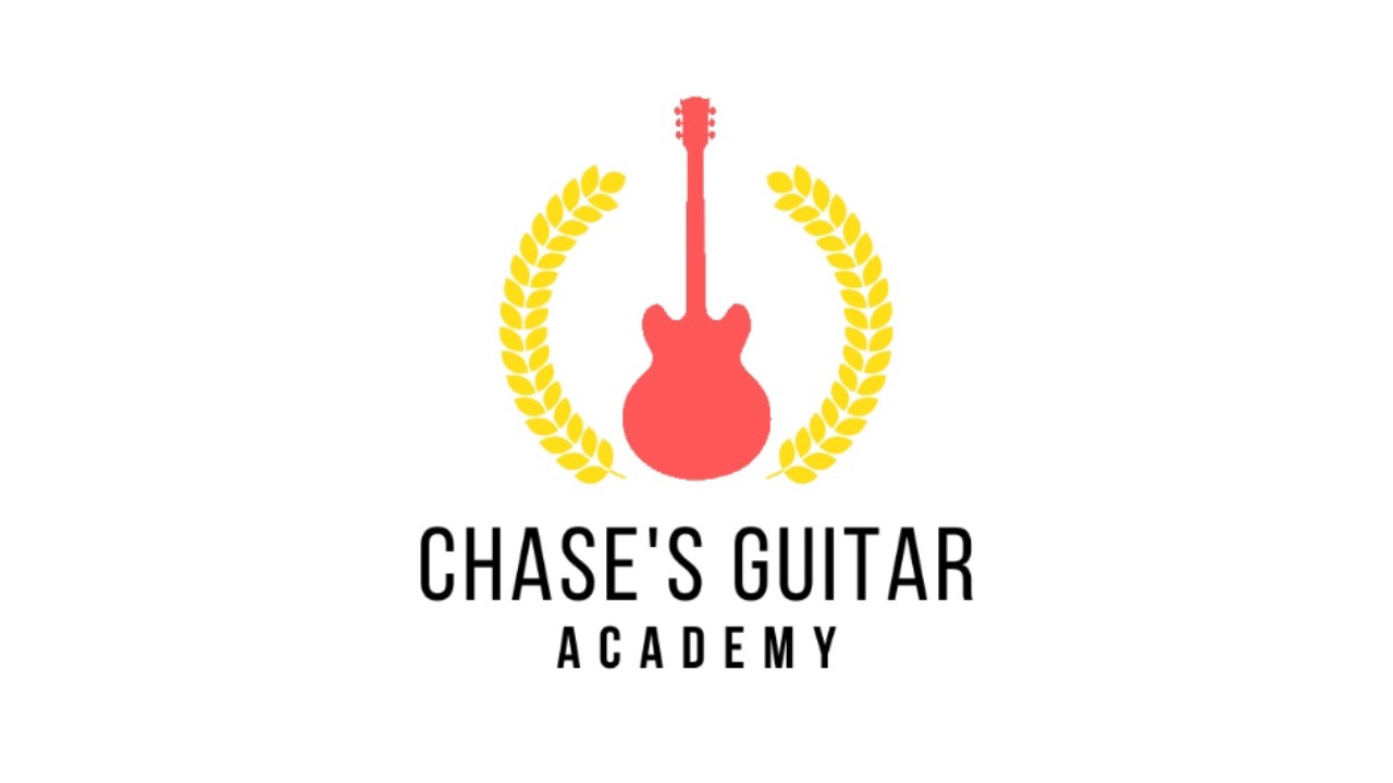 Logo with a red guitar, yellow laurel branches, and text 'Chase's Guitar Academy'.