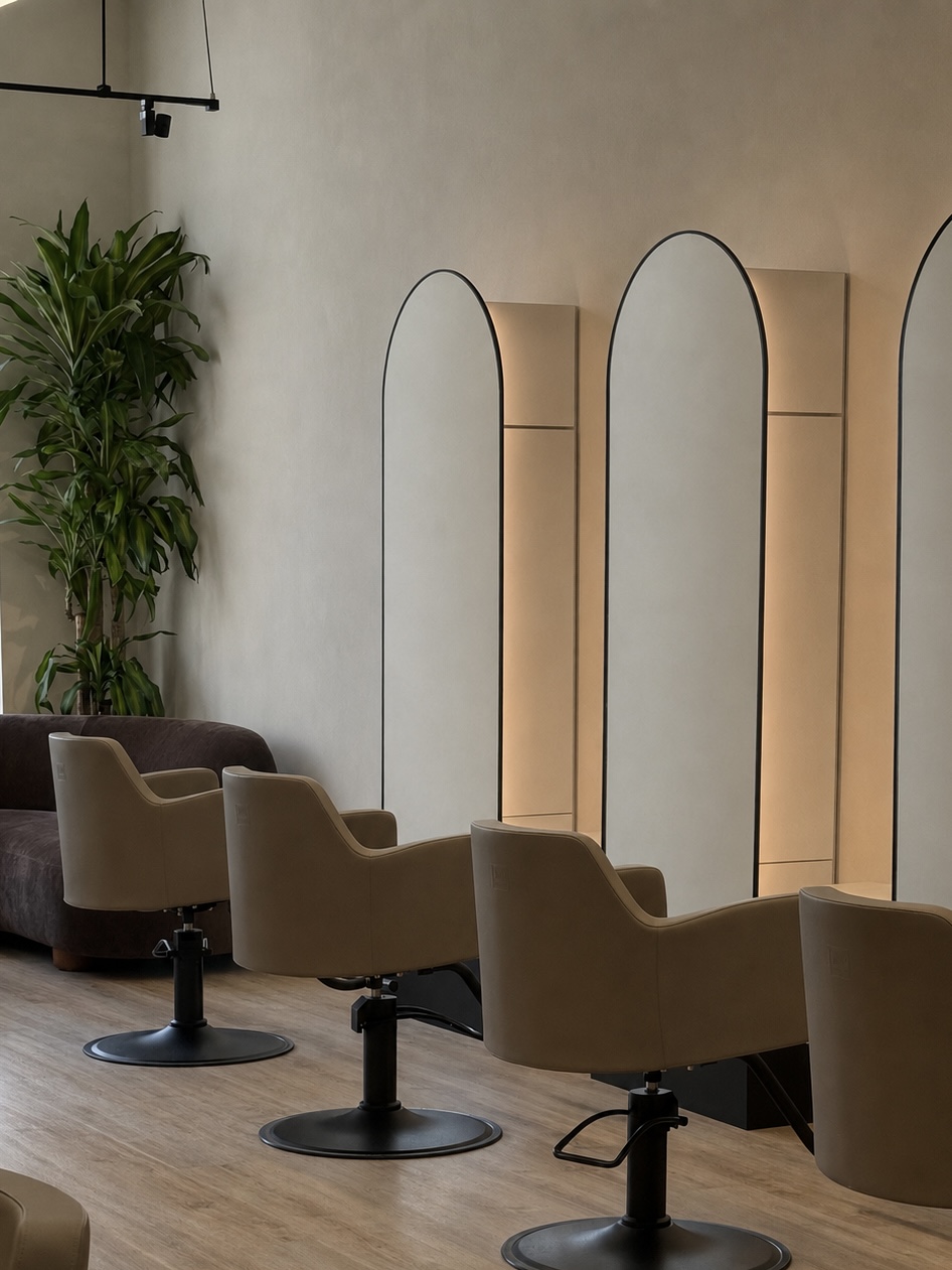 Salon with chairs, mirrors, and a potted plant against a plain wall.